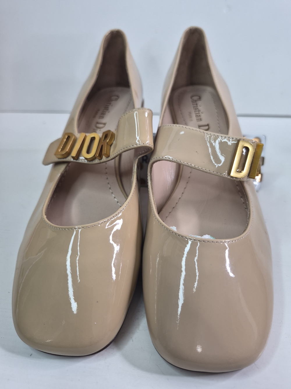 Dior Nude Patent Mary Jane Flats with Gold Logo